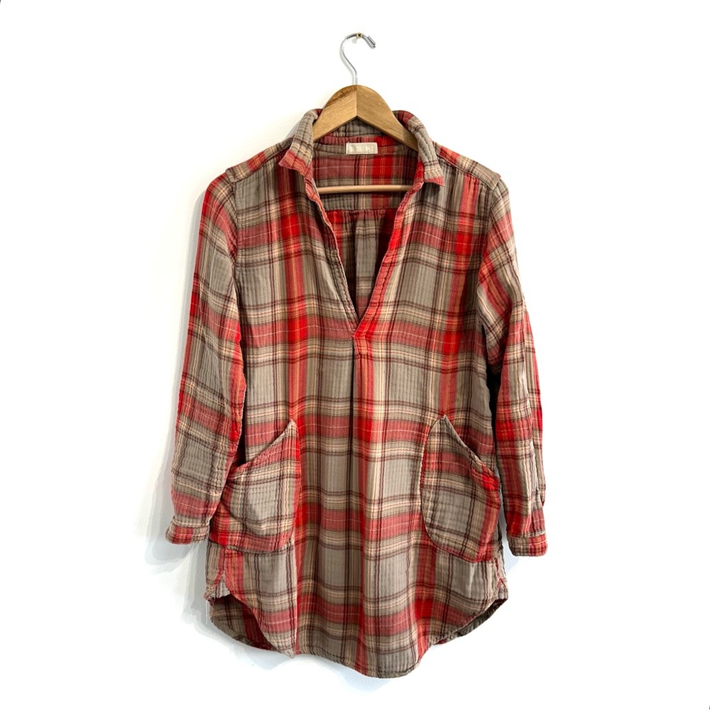 CP Shades Red and Tan Plaid Tunic Top